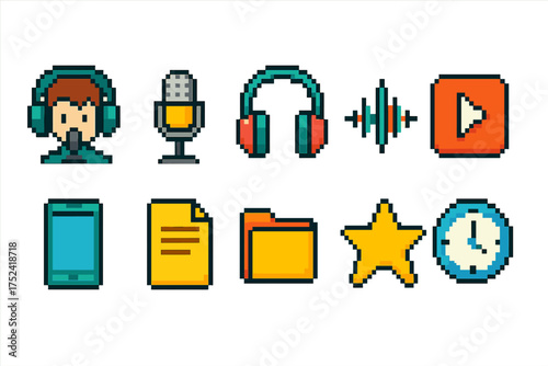 Pixel art, audio collection icon set. retro, music icons in pixel art style