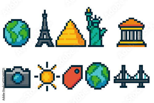 Travel destinations pixel icon set. explore the world with pixel art icons collection