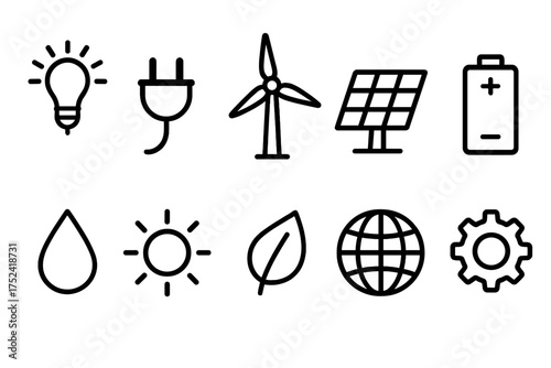 Eco-friendly energy outline icon set. renewable, solar, and wind icons collection.
