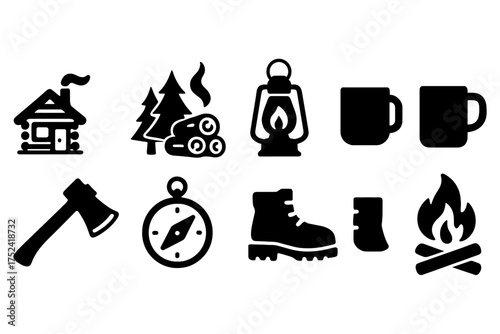 Camping adventure silhouette icon set. outdoor, nature, wilderness symbols collection