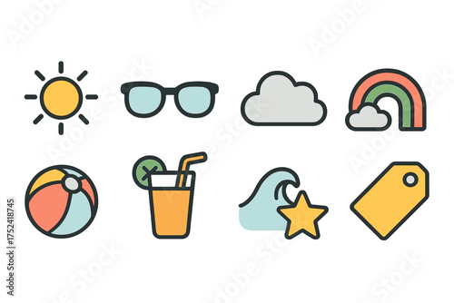 Summer, vacation flat icon set. beach, travel, holiday icons collection