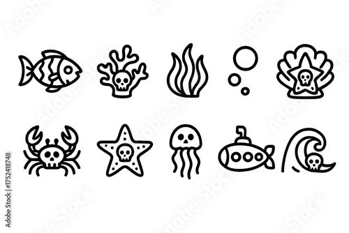 Marine life outline icon set. ocean, sea creatures, aquatic symbols collection.