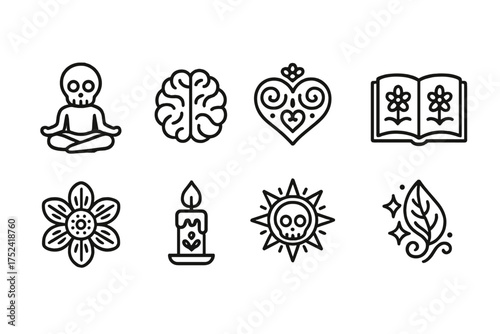 Day of the dead line icon set. mexican tradition, skull, candle, flower collection