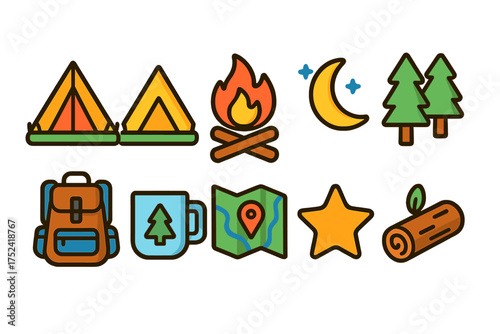 Camping and nature icon set. outdoor, adventure, hiking, flat style icons collection