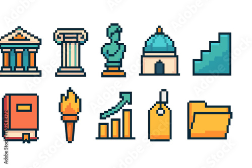 Pixel art icon set. history, education, travel linear icons collection.