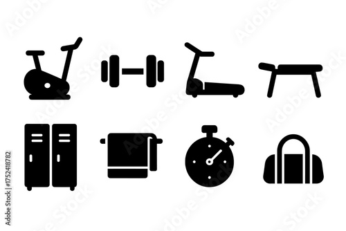 Gym and fitness solid icon set. exercise equipment and accessories icons collection