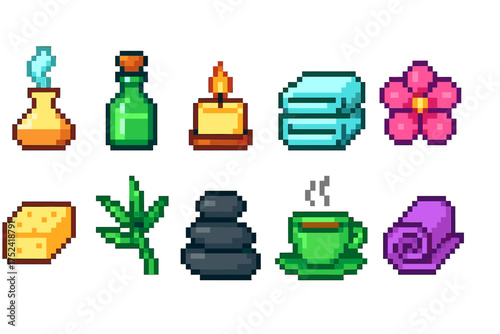 Pixel art spa icon set. relaxation, wellness, tranquility pixel art collection.