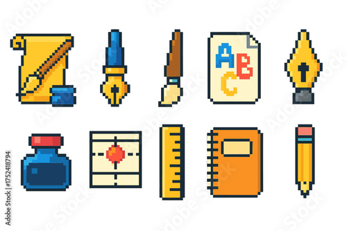 Education and writing icon set. flat pixel art school, learning icons collection