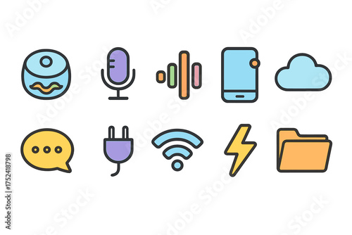 Communication and technology icon set. flat style digital, media, cloud icons collection.