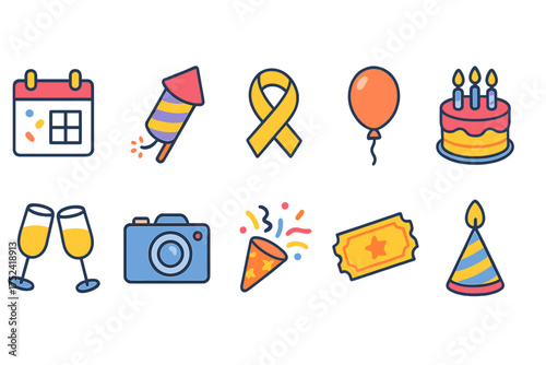 Celebration, event flat icon set. festive, party symbols with birthday, camera, balloon