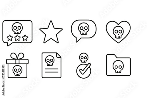 Skull line icon set. chat, star, heart, document, gift, folder symbols in line style