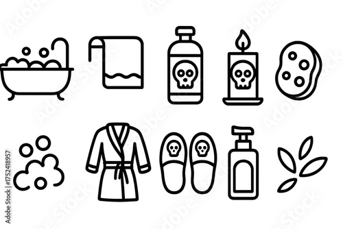Halloween bath outline icon set. scary bath products, spa items, halloween decor