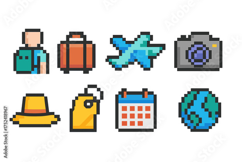 Travel and tourism pixel icon set. vacation essentials in pixel art style