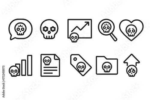 Skull and business line icon set. finance, chart, report linear icons collection