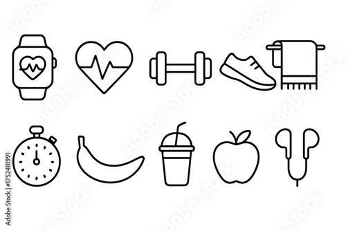Fitness and health line icon set. gym equipment, heart rate, nutrition symbols