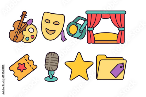 Performing arts flat icon set. theater, music, dance and entertainment icons collection.