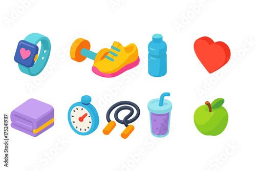 Fitness and health 3d icon set. exercise, gym, workout elements collection.