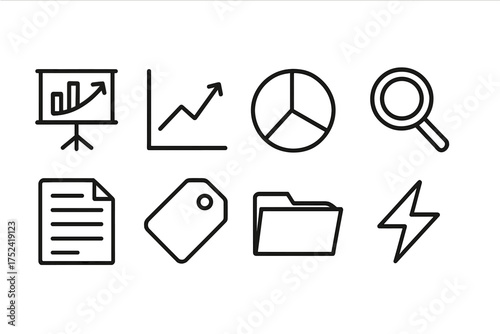Business and analytics line icon set. charts, graphs, tags, folders and more in outline style