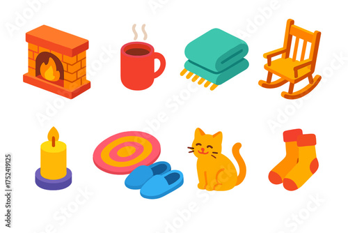 Cozy winter 3d icon set featuring warmth, blankets, and relaxation essentials