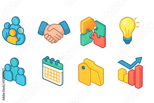 Business and collaboration flat icon set. teamwork, communication, success icons collection