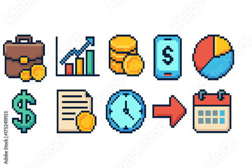 Finance and business pixel icon set. money, charts, and calendar pixel art collection