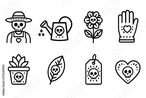 Gardening line icon set. skull-themed gardening tools and plants outline collection