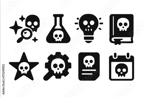 Science and skull solid icon set: chemistry, research, education icons collection