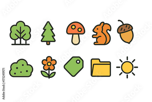 Nature and wildlife icon set in flat style. trees, animals, plants, and more