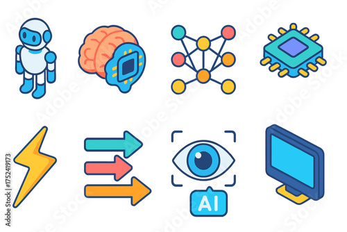 Ai, technology flat icon set. innovative tech, robotics, network, chip icons collection