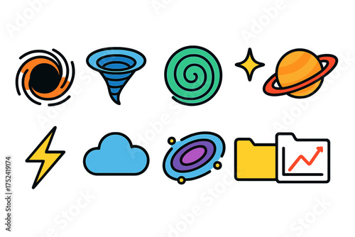 Weather and space flat icon set. meteorology and astronomy icons collection