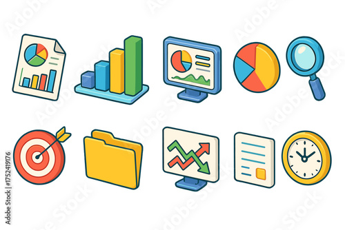 Business 3d icon set. analytics, charts, and office icons collection