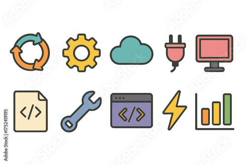 Technology, development flat icon set. coding, tools, and cloud service icons collection