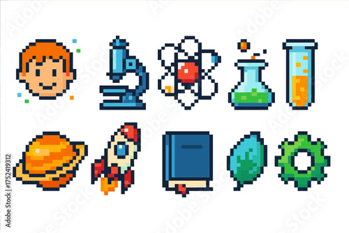 Pixel science icon set. microscope, test tube, rocket, atom, linear pixelated icons.