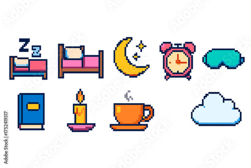 Sleep and relaxation pixel icon set. bedtime, rest, night routine pixelated icons