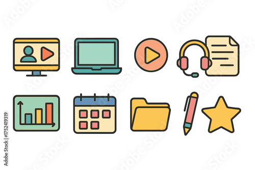 Business and office icon set. flat collection features essential work icons