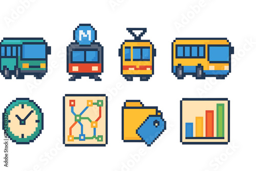 Transportation and metro flat icon set: buses, trains, maps, and more