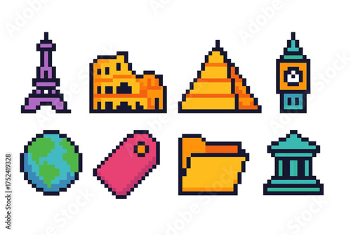 Pixel art travel icon set. landmark and tourism flat icons in vibrant colors