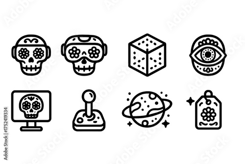 Mexican dia de los muertos outline icon set. sugar skull, marigold, celebration icons