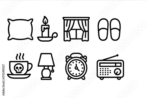 “home comforts outline icon set: cozy living essentials and relaxation symbols”