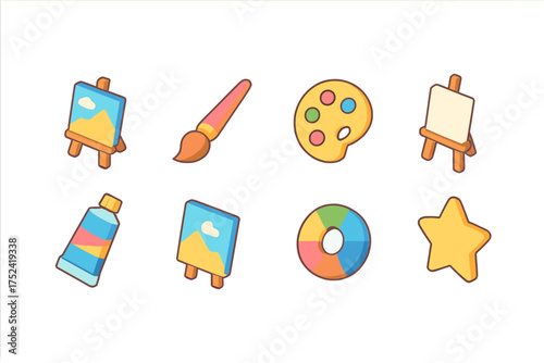 Art supplies flat icon set. painting, drawing tools and equipment collection.