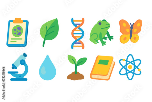 Science education flat icon set with biology, chemistry, and nature symbols