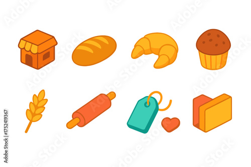 Baking and bakery flat icon set. pastry, bread, and kitchen tools icon collection