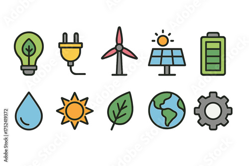 Renewable energy flat icon set. solar, wind, eco-friendly line icons collection.