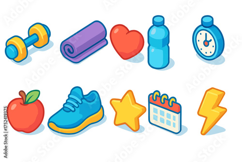 Fitness and wellness 3d icon set. gym equipment, health symbols for digital projects.