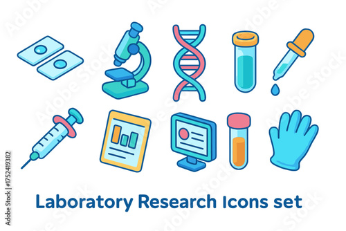 Laboratory research icon set. science and chemistry icons in a colorful flat style.