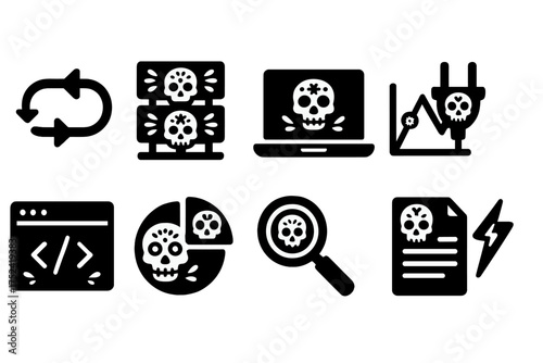 Cybersecurity threat silhouette icon set. skull, malware symbols, silhouette style icons.