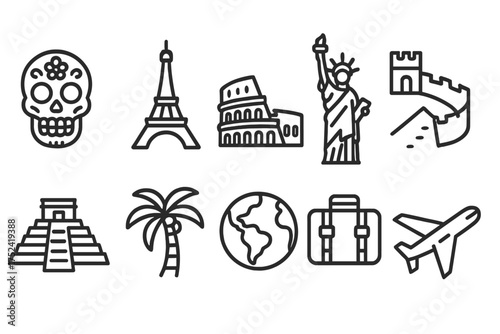 Travel and tourism icon set. explore the world with outline icons collection