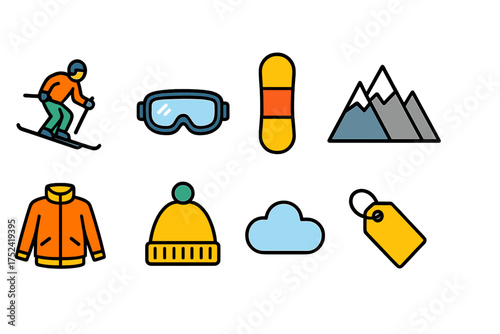 Winter sports and gear icon set. 3d style collection for skiing enthusiasts.
