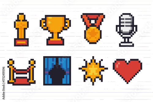Awards, achievement pixel icon set. trophies, medals, and recognition pixel art icons