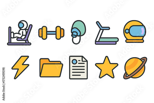 Fitness and space line icon set. workout, astronaut adventures in outline style